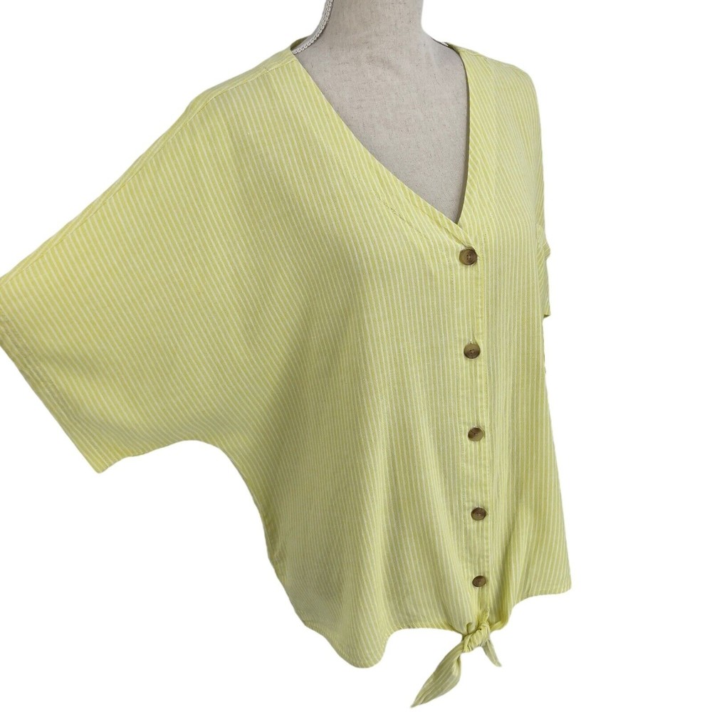 Time Tru Womens Button Front Tie Shirt Relaxed Yellow Stripe Short Sleeve 2XL 20 - Picture 4 of 13